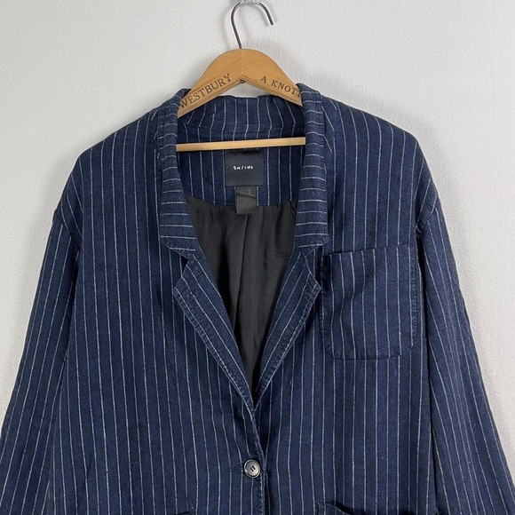 Smythe Navy Blue Pinstripe Linen Blend Blazer Jacket Womens Large Made in Canada - Picture 8 of 11